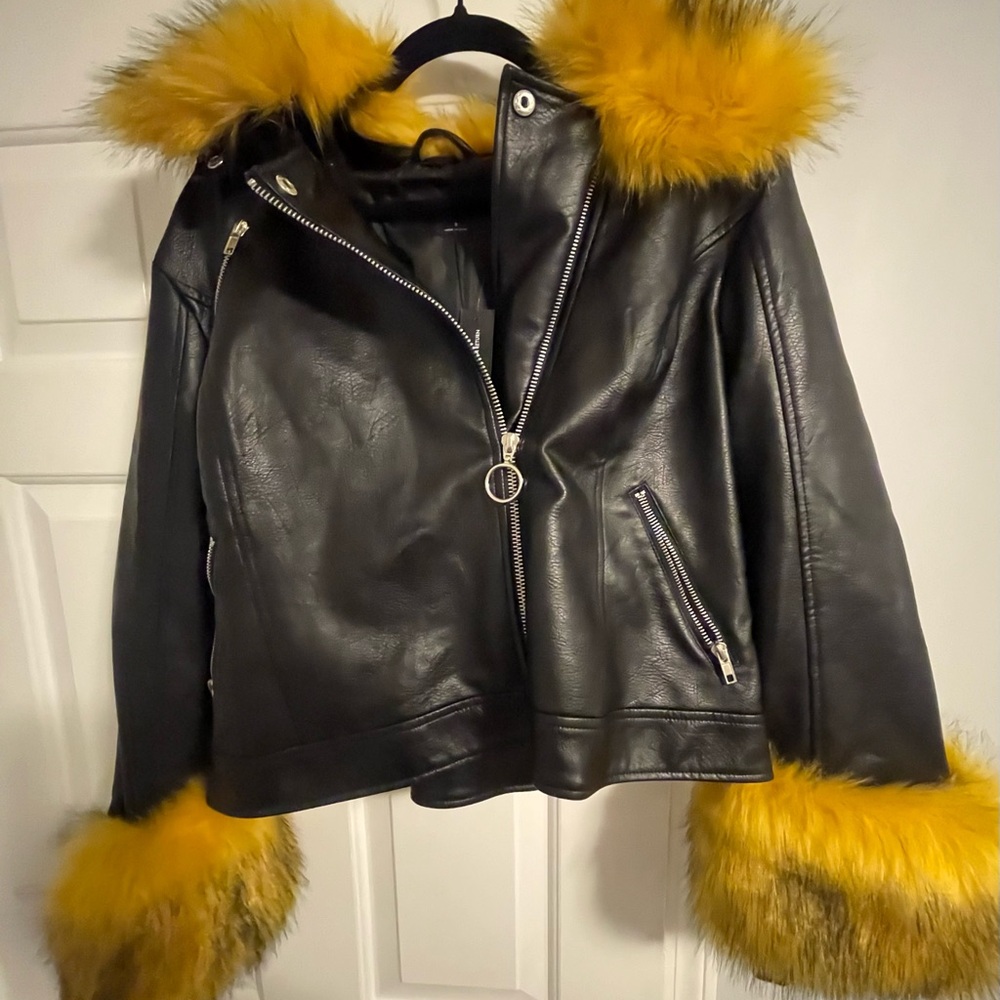Black Faux Leather Jacket with Yellow Faux Fur Accents